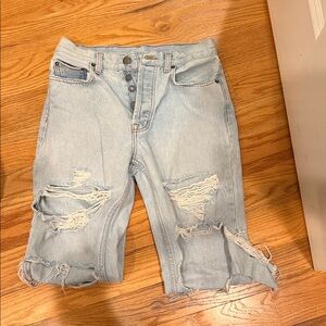 Light Wash Distressed Denim Knee-Length Shorts